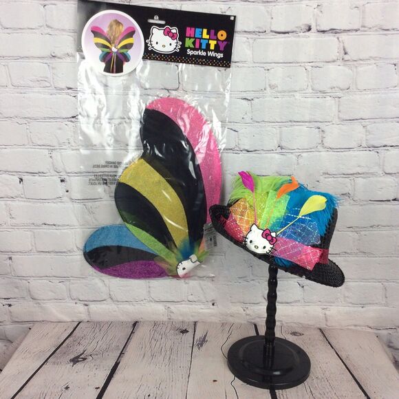 Hello Kitty Childs Black Sequined Fedora & Rainbow Sparkle Wings Cosplay Costume - Picture 11 of 12